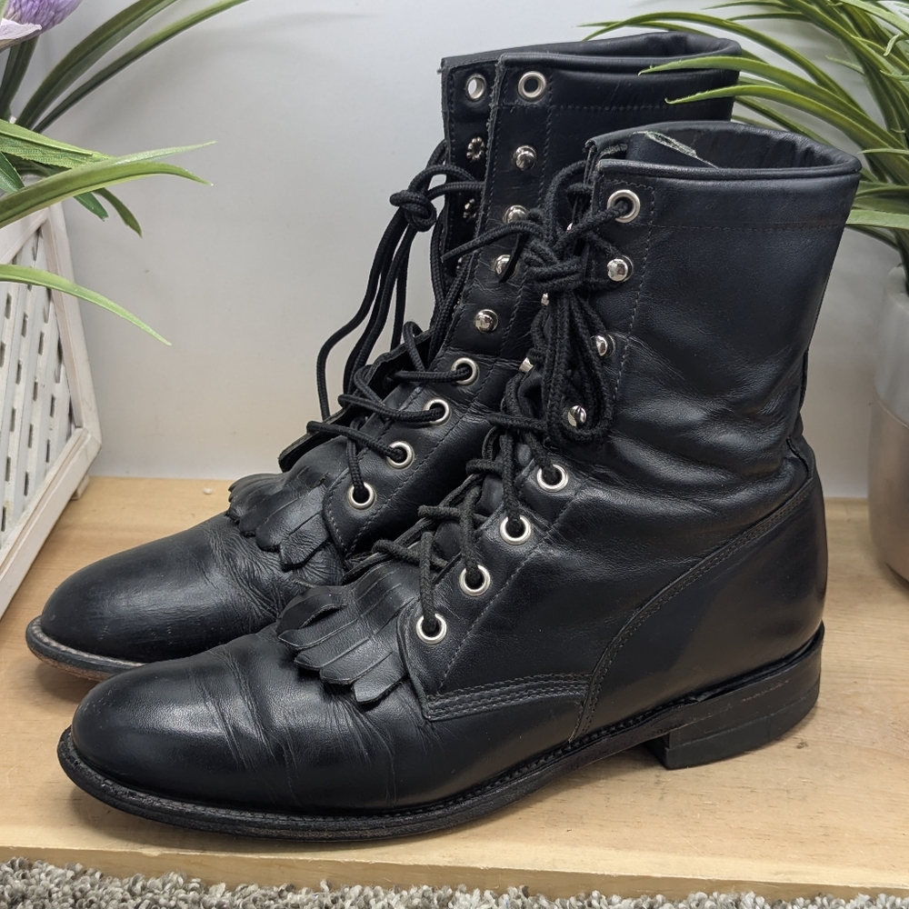 Justin Boots Lace Up Roper Women's Size 6.5B Black Leather Kiltie Boots